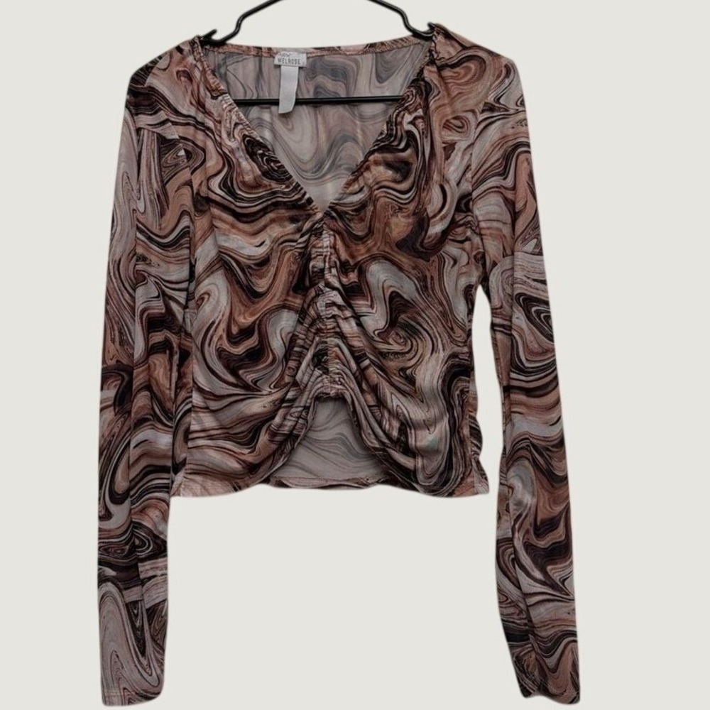 West of Melrose Brown Marble Swirl Ruched Mesh‎ Long Sleeve Top V-Neck Large